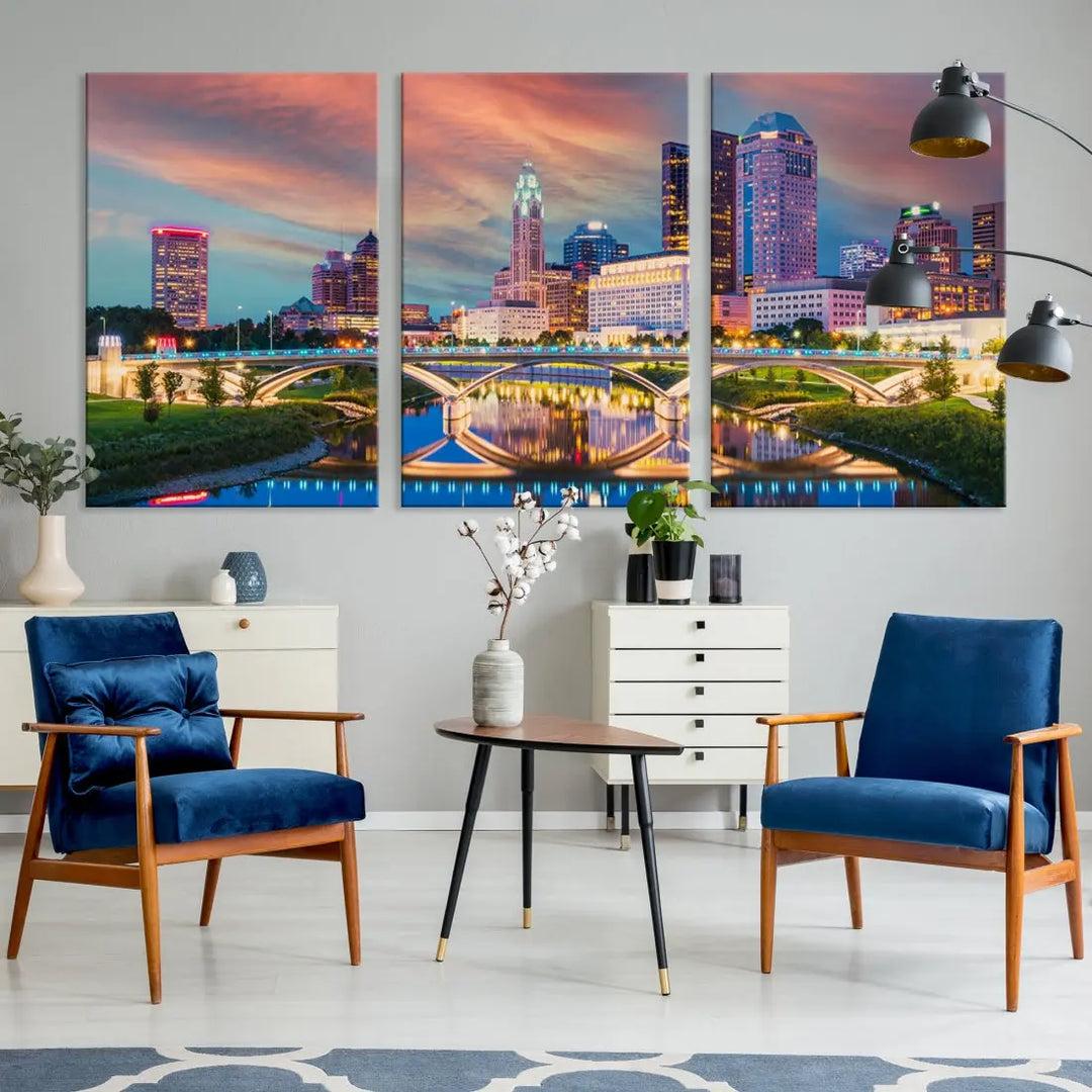 Columbus City Sunset Orange Cloudy Skyline Cityscape Wall Art Canvas Print