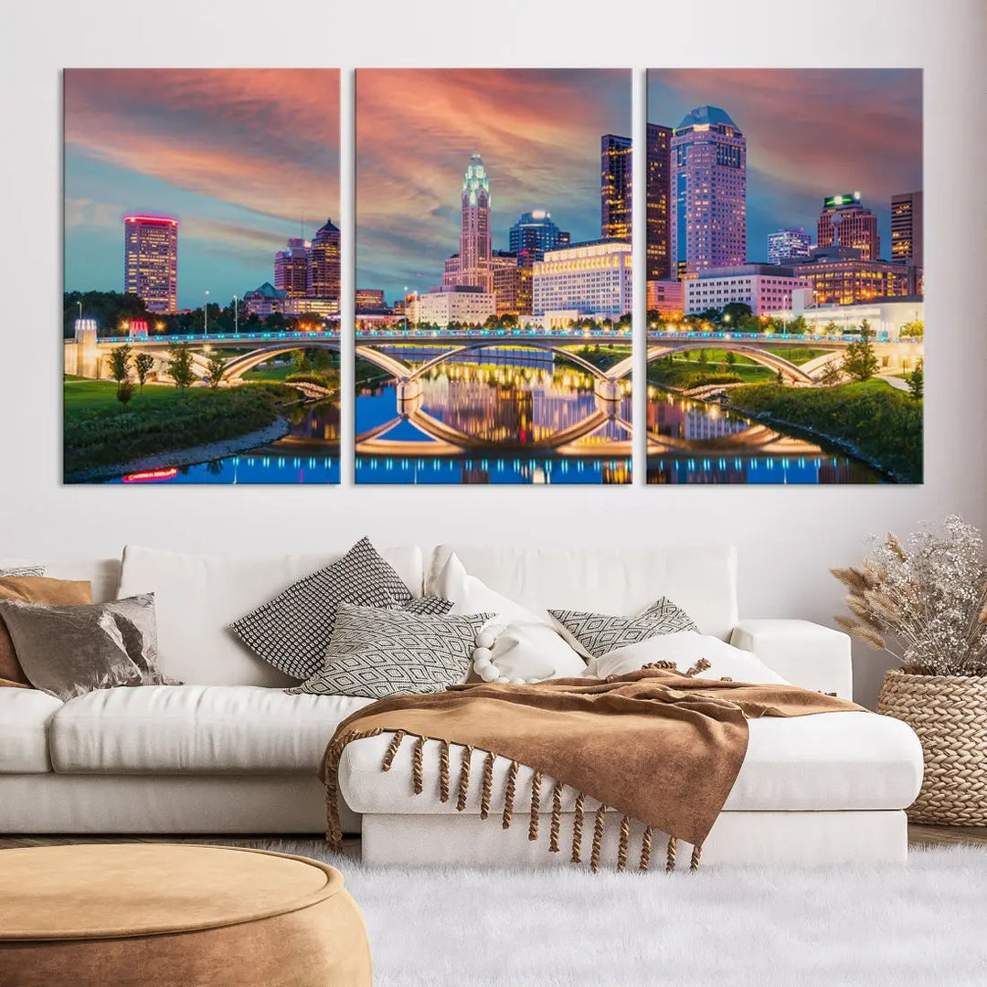 Columbus City Sunset Orange Cloudy Skyline Cityscape Wall Art Canvas Print