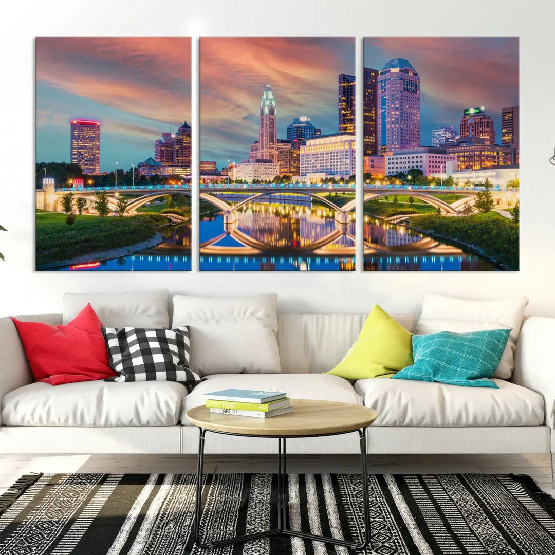 Columbus City Sunset Orange Cloudy Skyline Cityscape Wall Art Canvas Print