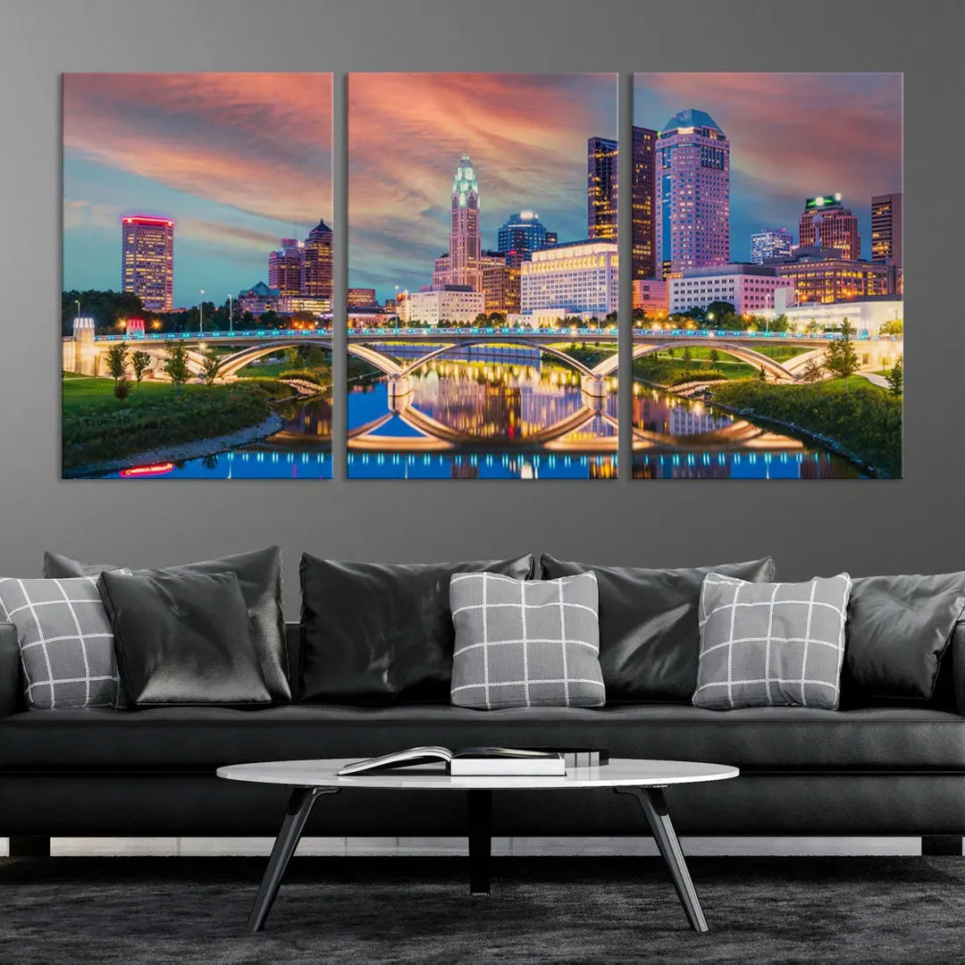 Columbus City Sunset Orange Cloudy Skyline Cityscape Wall Art Canvas Print