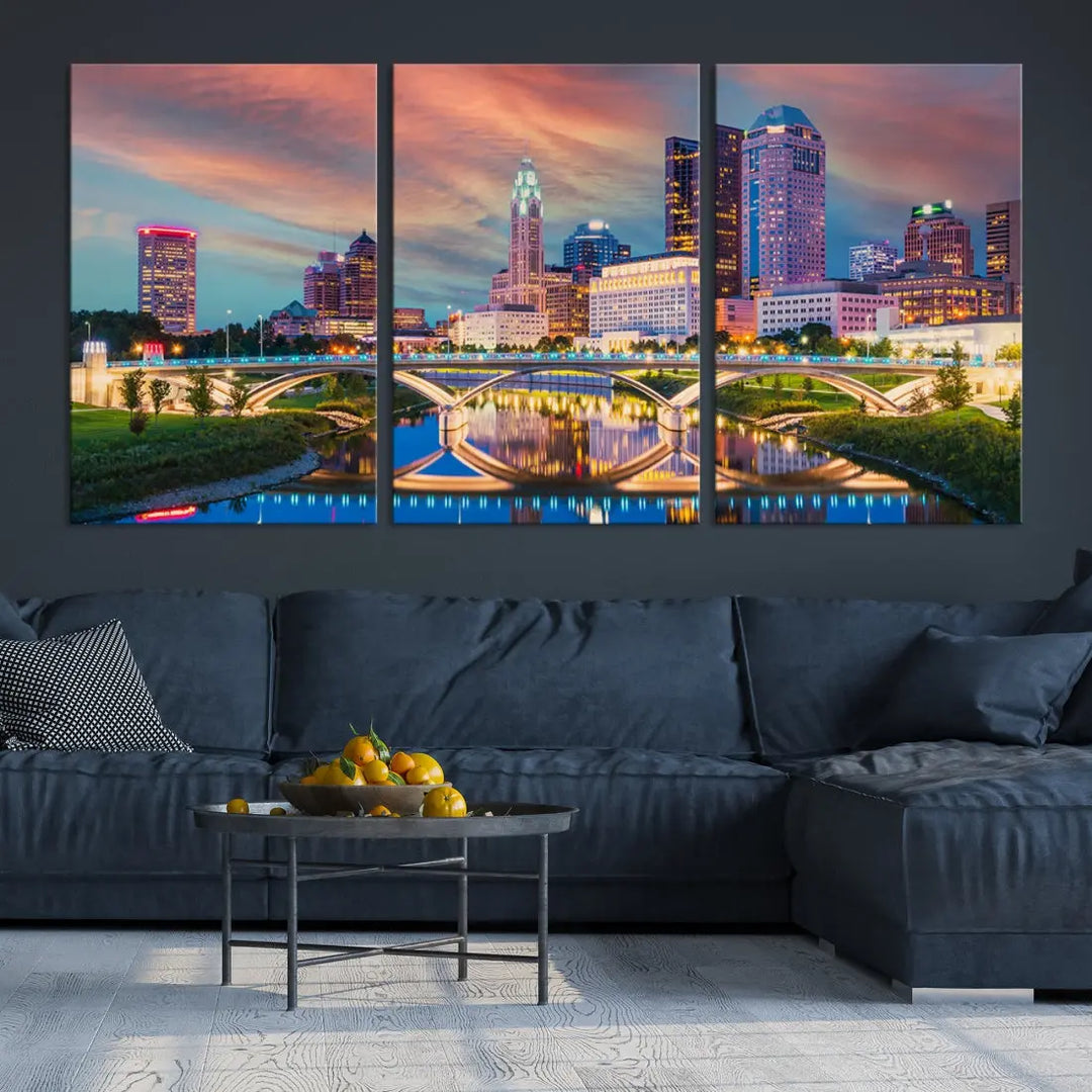 Columbus City Sunset Orange Cloudy Skyline Cityscape Wall Art Canvas Print