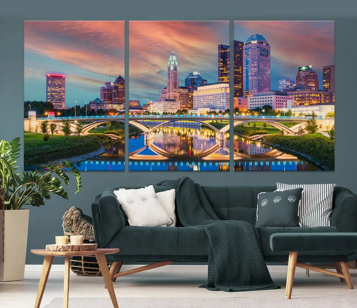 Columbus City Sunset Orange Cloudy Skyline Cityscape Wall Art Canvas Print