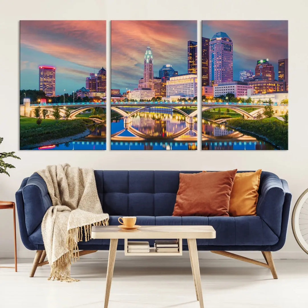 Columbus City Sunset Orange Cloudy Skyline Cityscape Wall Art Canvas Print