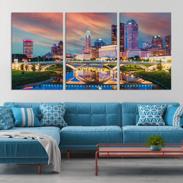 Columbus City Sunset Orange Cloudy Skyline Cityscape Wall Art Canvas Print