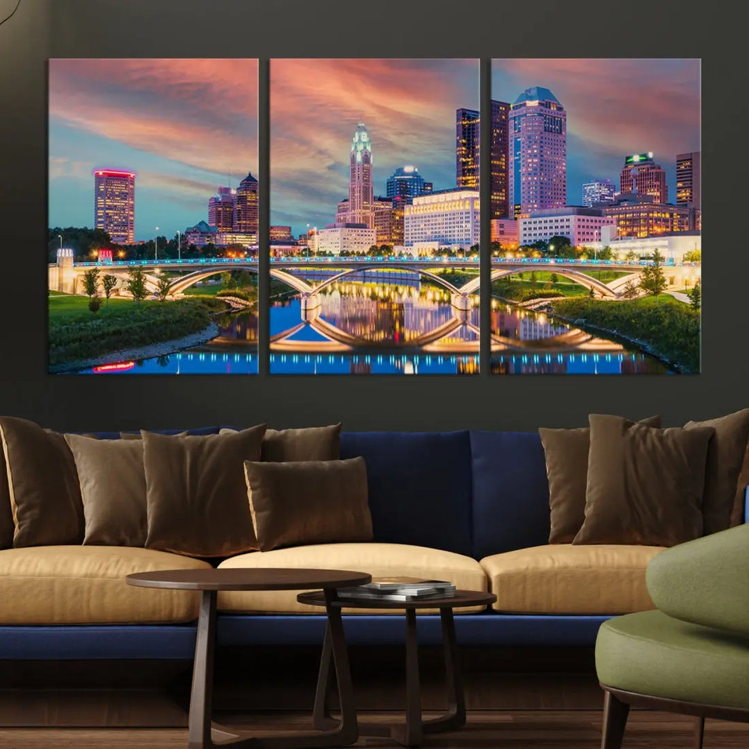 Columbus City Sunset Orange Cloudy Skyline Cityscape Wall Art Canvas Print