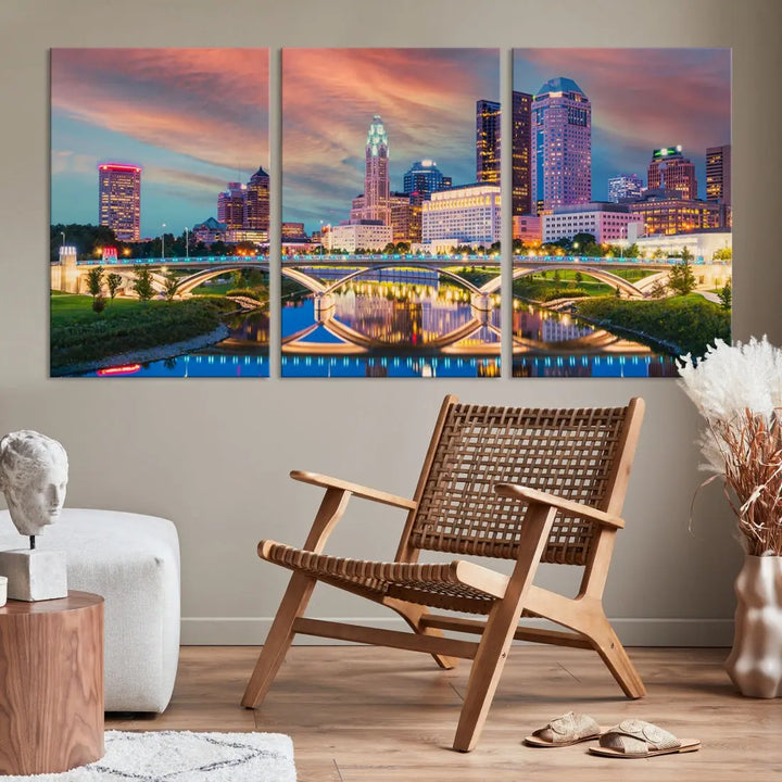 Columbus City Sunset Orange Cloudy Skyline Cityscape Wall Art Canvas Print