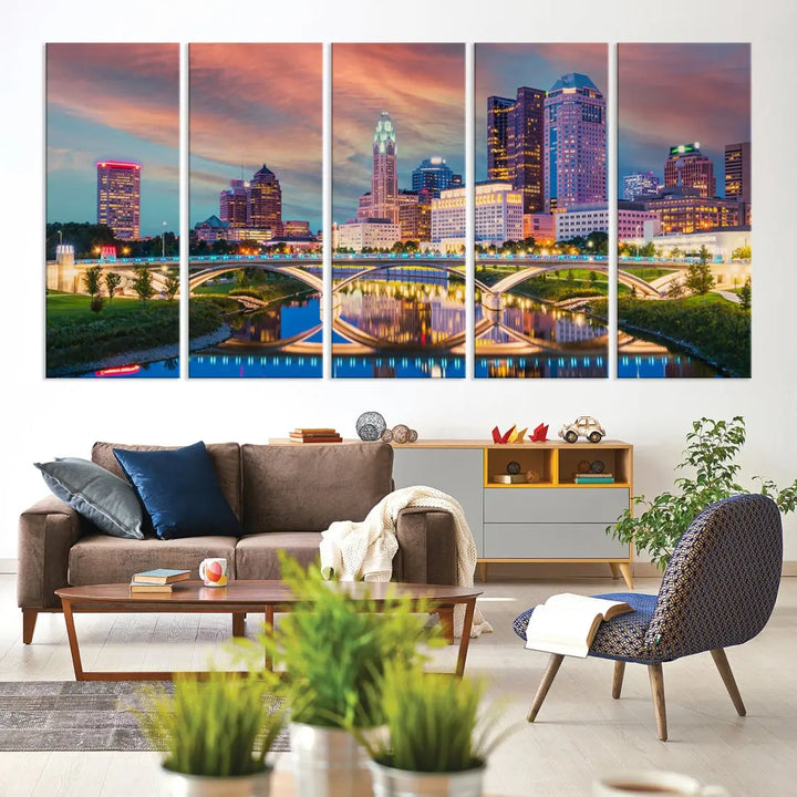 Columbus City Sunset Orange Cloudy Skyline Cityscape Wall Art Canvas Print