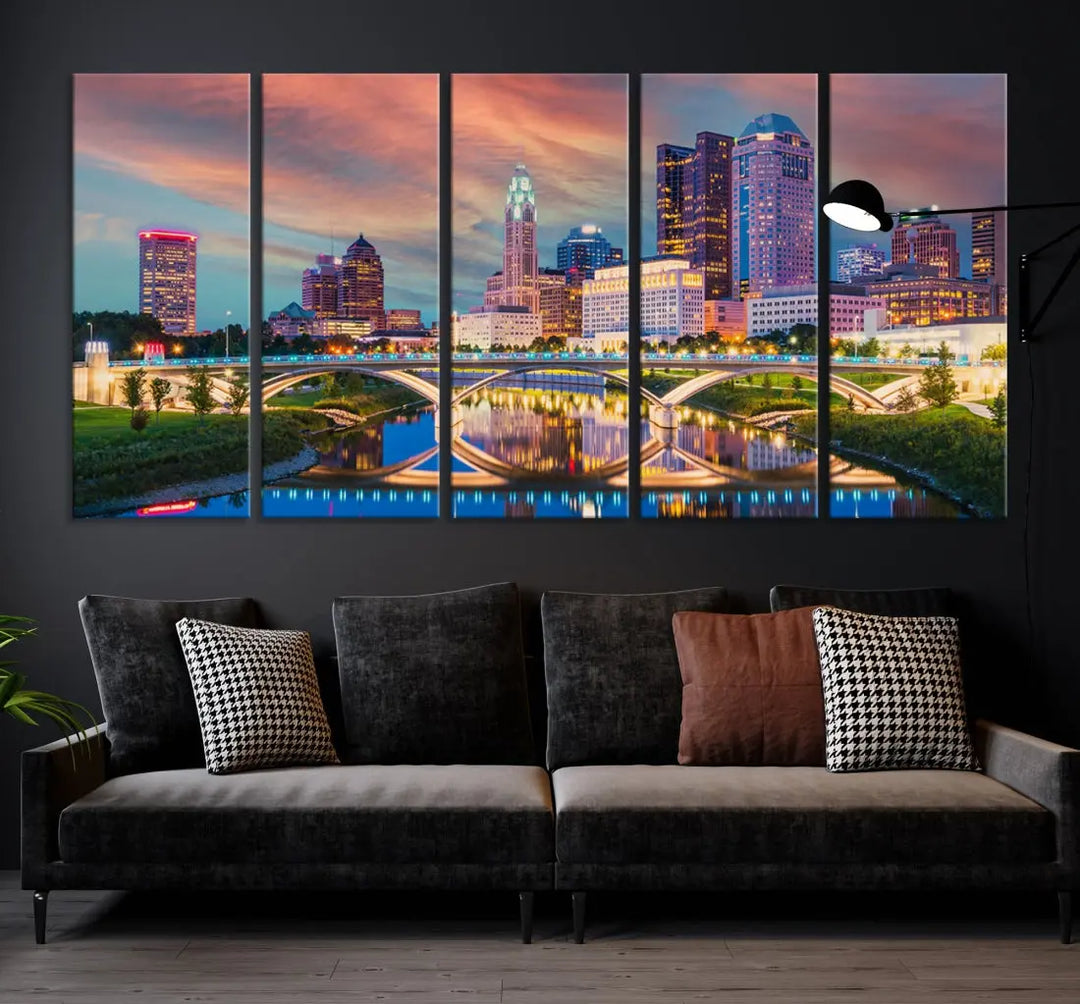 Columbus City Sunset Orange Cloudy Skyline Cityscape Wall Art Canvas Print