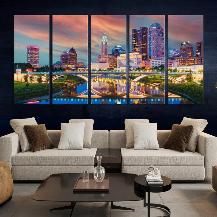 Columbus City Sunset Orange Cloudy Skyline Cityscape Wall Art Canvas Print