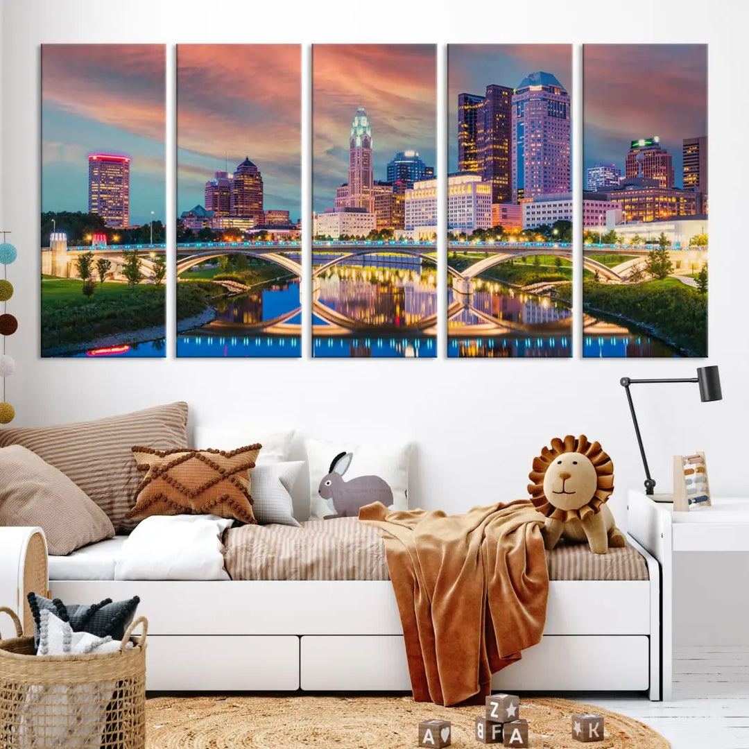 Columbus City Sunset Orange Cloudy Skyline Cityscape Wall Art Canvas Print