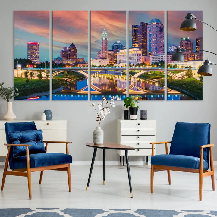 Columbus City Sunset Orange Cloudy Skyline Cityscape Wall Art Canvas Print