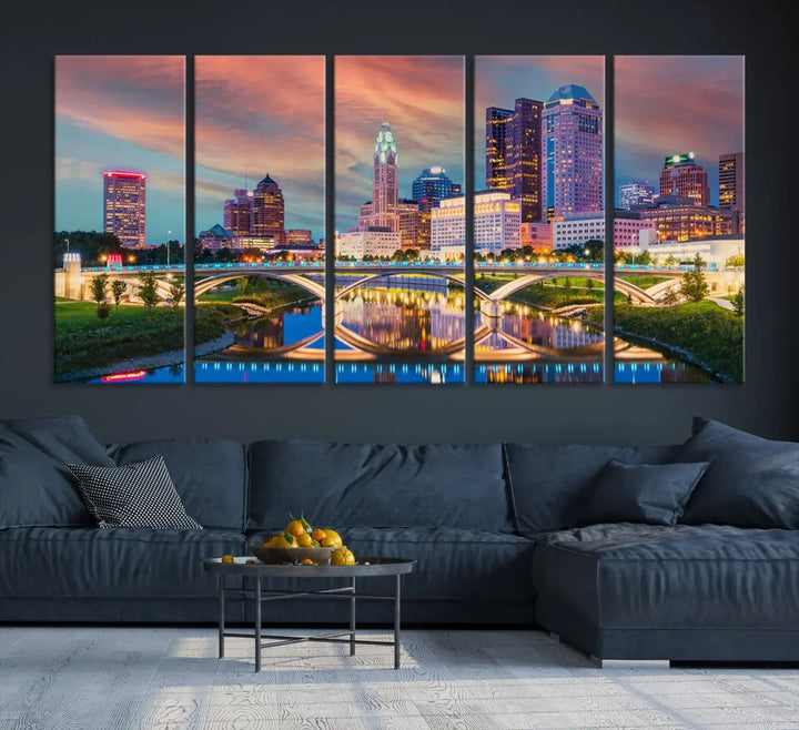 Columbus City Sunset Orange Cloudy Skyline Cityscape Wall Art Canvas Print