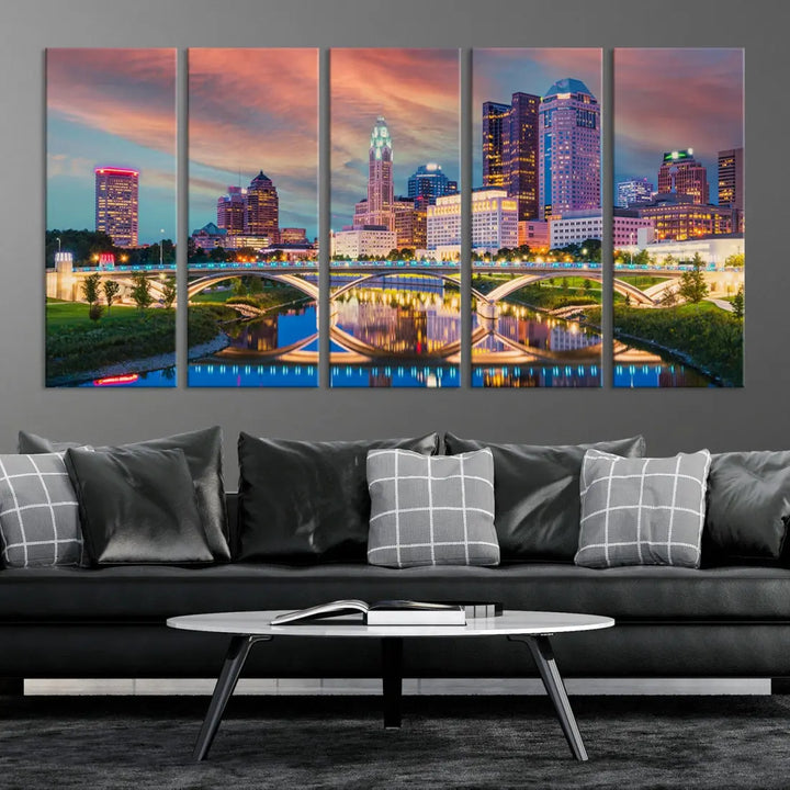 Columbus City Sunset Orange Cloudy Skyline Cityscape Wall Art Canvas Print