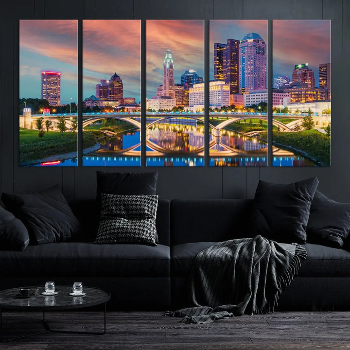 Columbus City Sunset Orange Cloudy Skyline Cityscape Wall Art Canvas Print