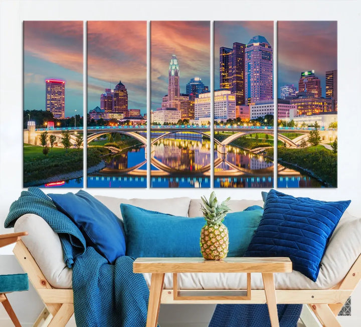 Columbus City Sunset Orange Cloudy Skyline Cityscape Wall Art Canvas Print