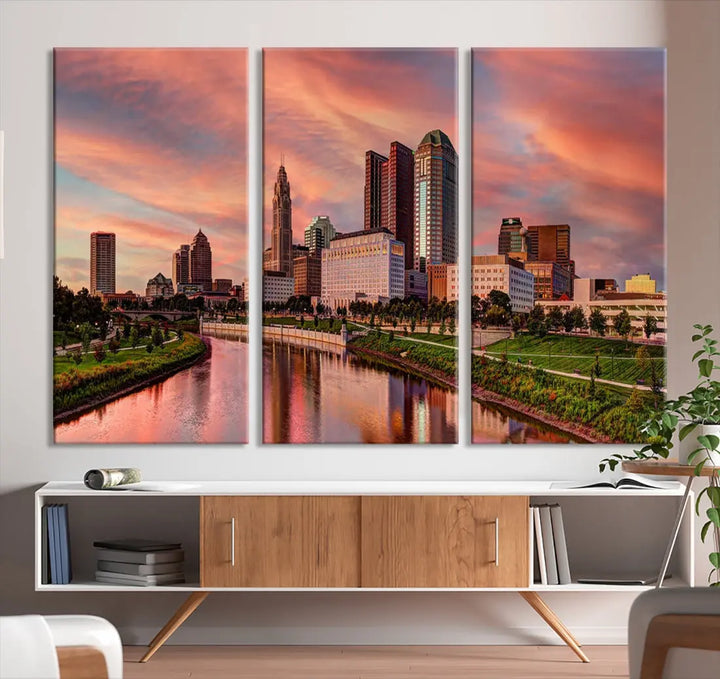 Columbus Downtown Orange Cloudy Sunset Skyline Cityscape Large Wall Art Print