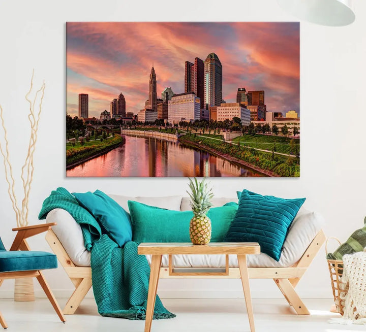 Columbus Downtown Orange Cloudy Sunset Skyline Cityscape Large Wall Art Print