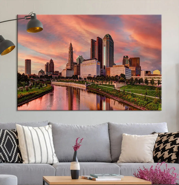 Columbus Downtown Orange Cloudy Sunset Skyline Cityscape Large Wall Art Print