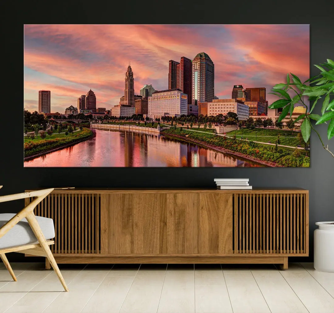 Columbus Downtown Orange Cloudy Sunset Skyline Cityscape Large Wall Art Print