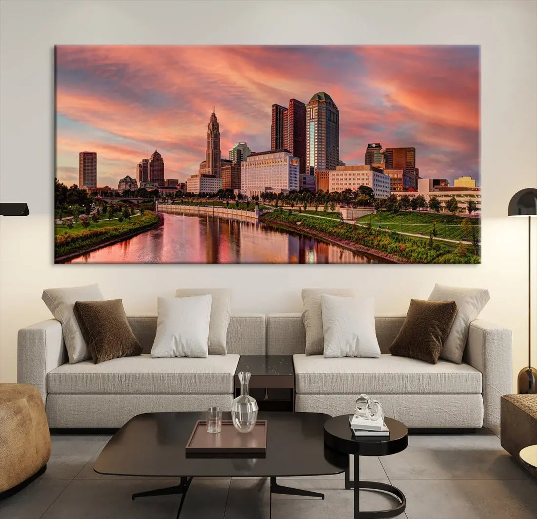 Columbus Downtown Orange Cloudy Sunset Skyline Cityscape Large Wall Art Print