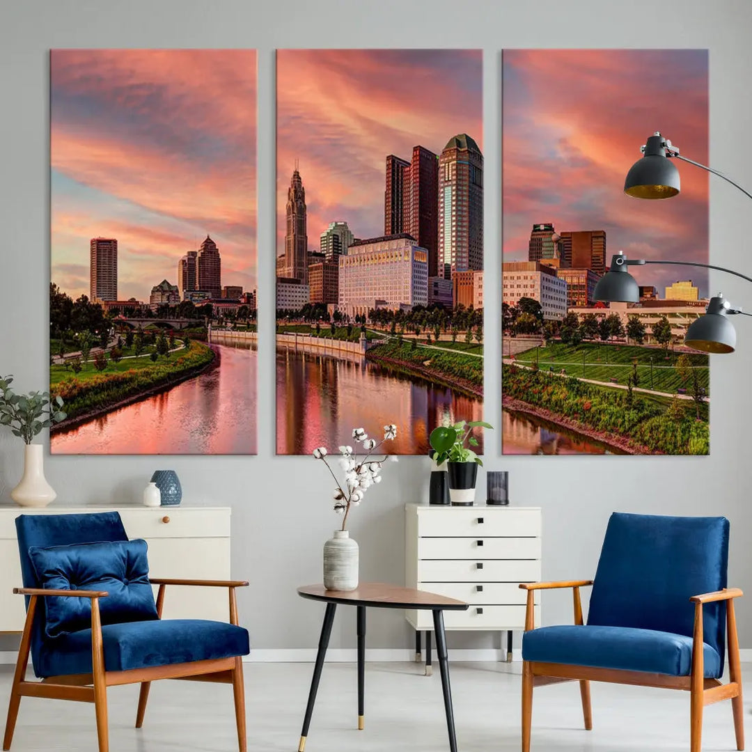 Columbus Downtown Orange Cloudy Sunset Skyline Cityscape Large Wall Art Print