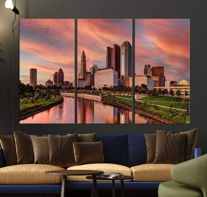 Columbus Downtown Orange Cloudy Sunset Skyline Cityscape Large Wall Art Print