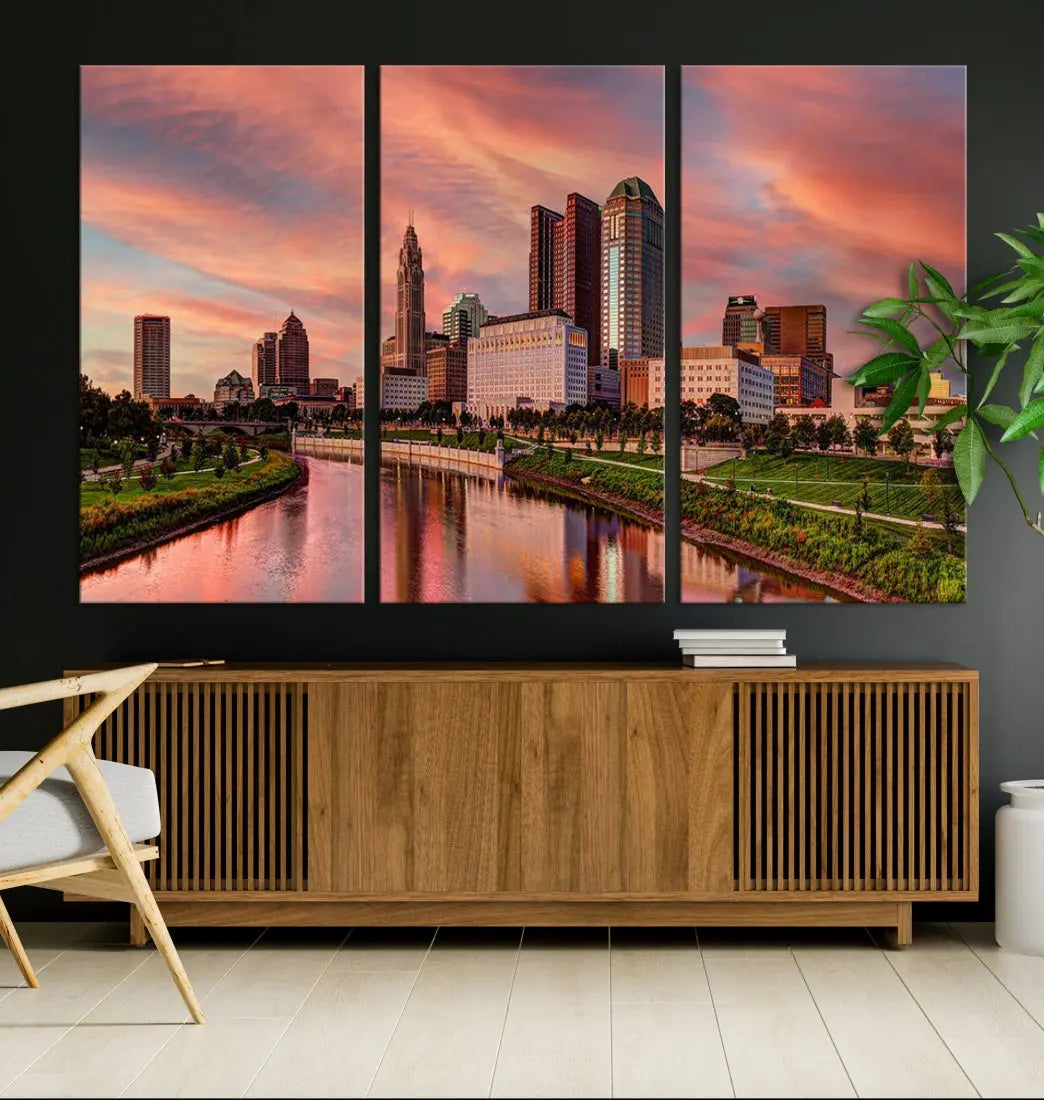 Columbus Downtown Orange Cloudy Sunset Skyline Cityscape Large Wall Art Print