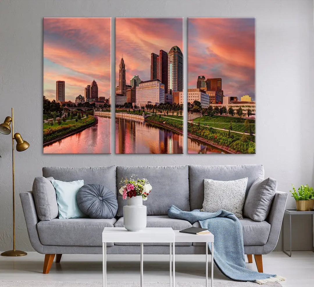 Columbus Downtown Orange Cloudy Sunset Skyline Cityscape Large Wall Art Print