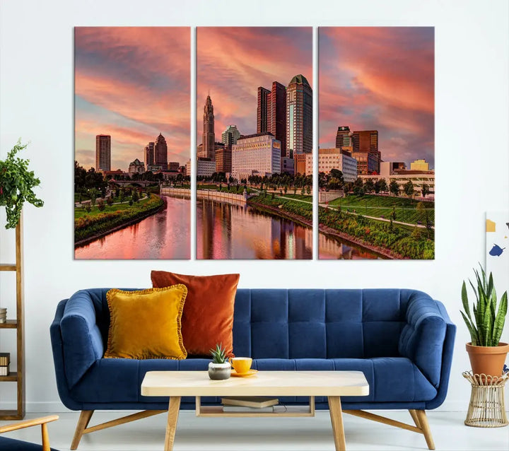 Columbus Downtown Orange Cloudy Sunset Skyline Cityscape Large Wall Art Print