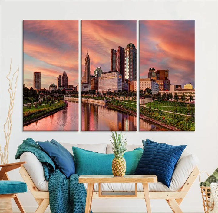 Columbus Downtown Orange Cloudy Sunset Skyline Cityscape Large Wall Art Print