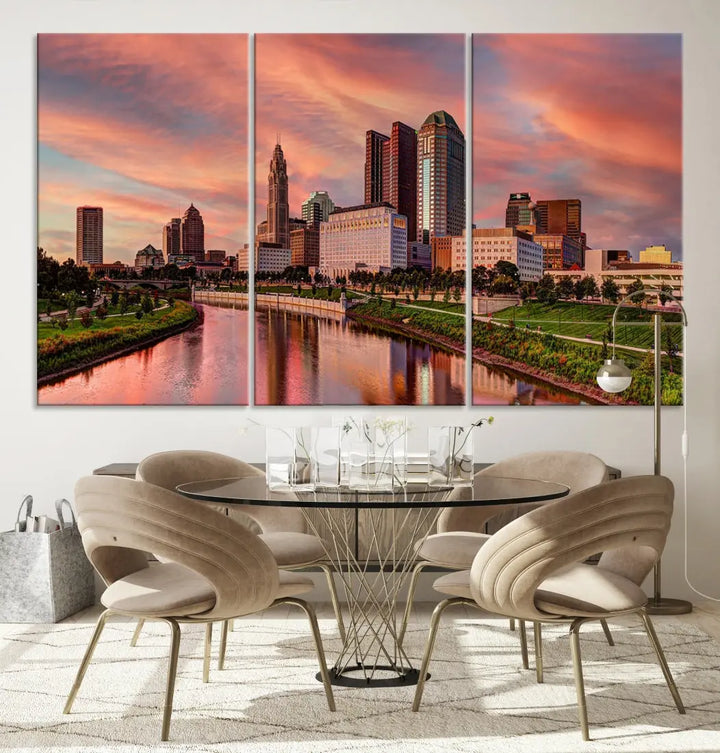 Columbus Downtown Orange Cloudy Sunset Skyline Cityscape Large Wall Art Print