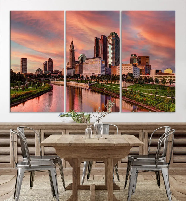 Columbus Downtown Orange Cloudy Sunset Skyline Cityscape Large Wall Art Print