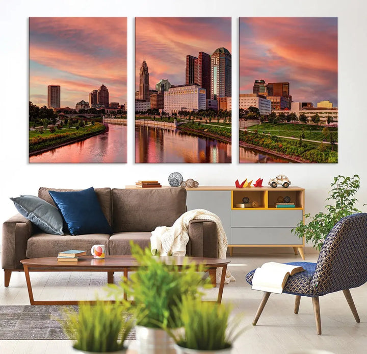 Columbus Downtown Orange Cloudy Sunset Skyline Cityscape Large Wall Art Print