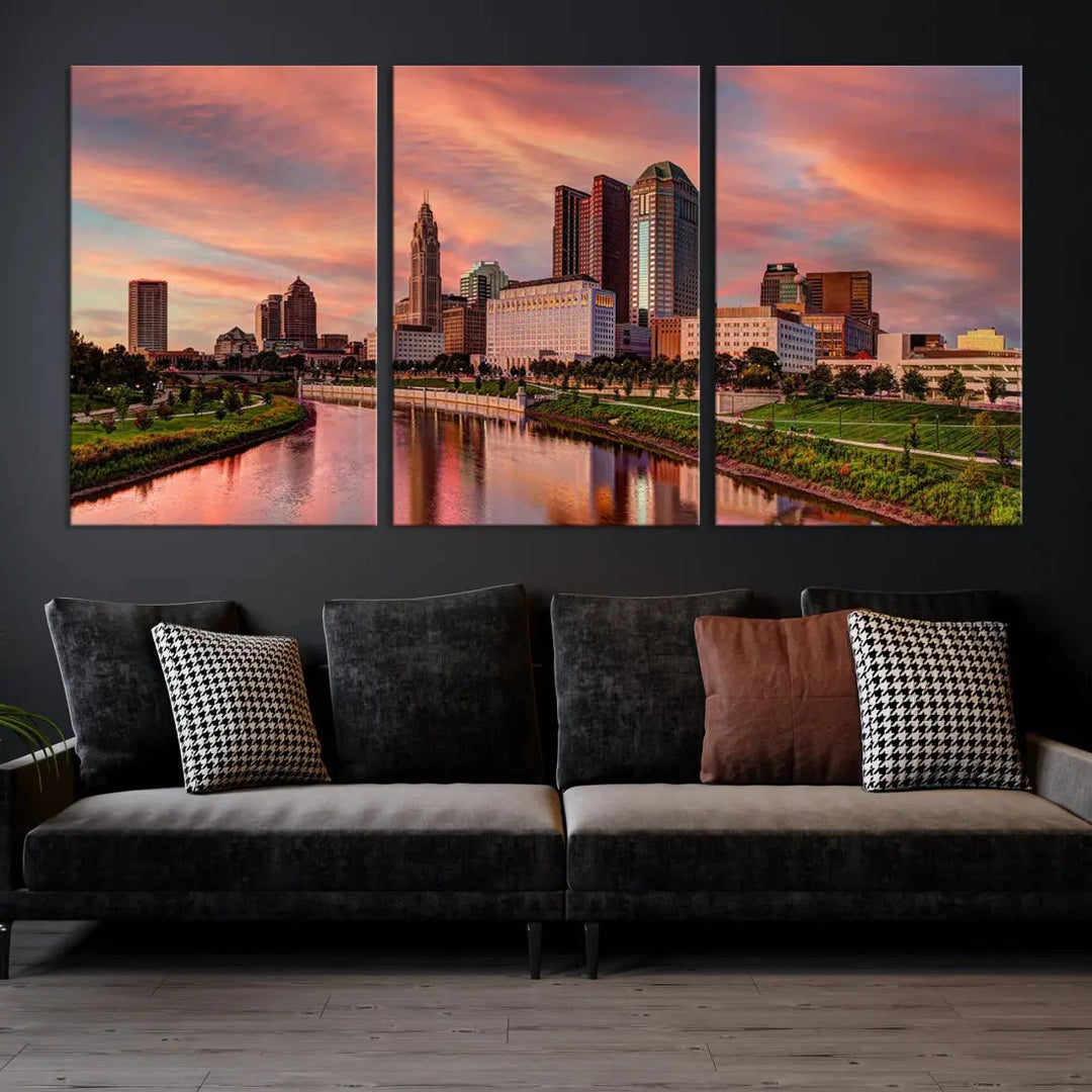 Columbus Downtown Orange Cloudy Sunset Skyline Cityscape Large Wall Art Print