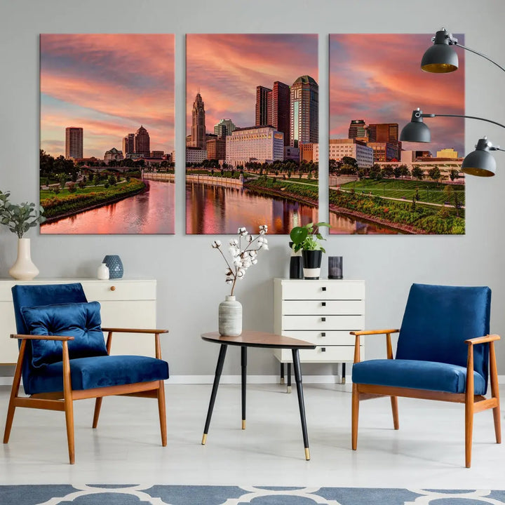 Columbus Downtown Orange Cloudy Sunset Skyline Cityscape Large Wall Art Print