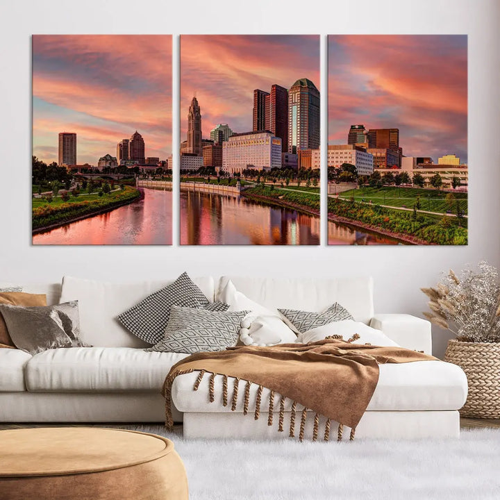 Columbus Downtown Orange Cloudy Sunset Skyline Cityscape Large Wall Art Print