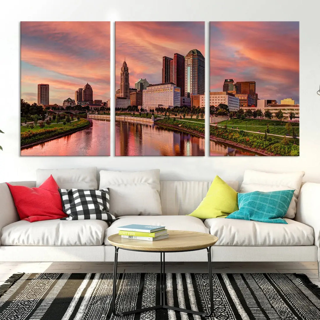 Columbus Downtown Orange Cloudy Sunset Skyline Cityscape Large Wall Art Print