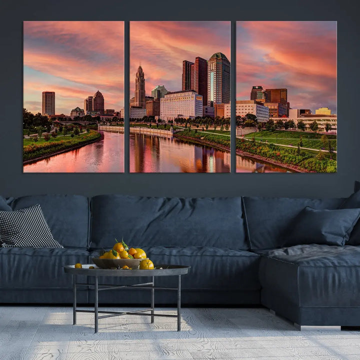 Columbus Downtown Orange Cloudy Sunset Skyline Cityscape Large Wall Art Print