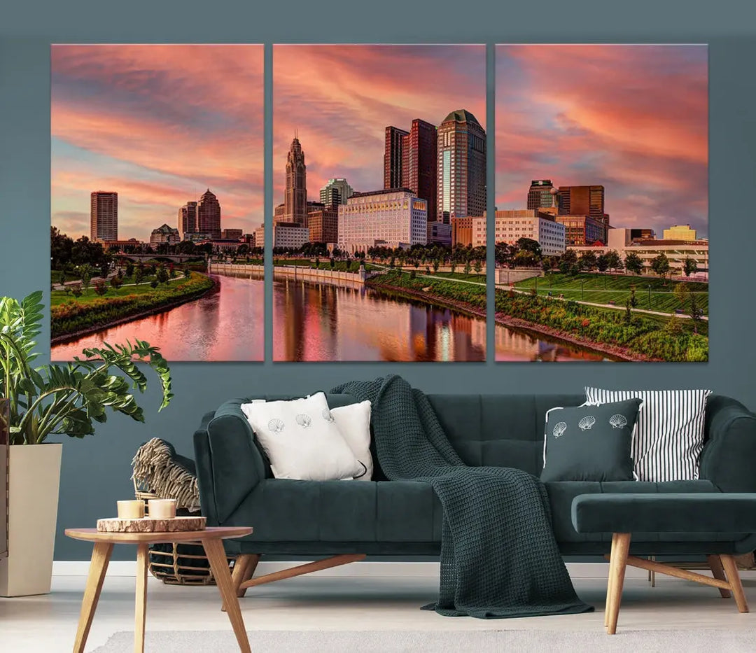 Columbus Downtown Orange Cloudy Sunset Skyline Cityscape Large Wall Art Print