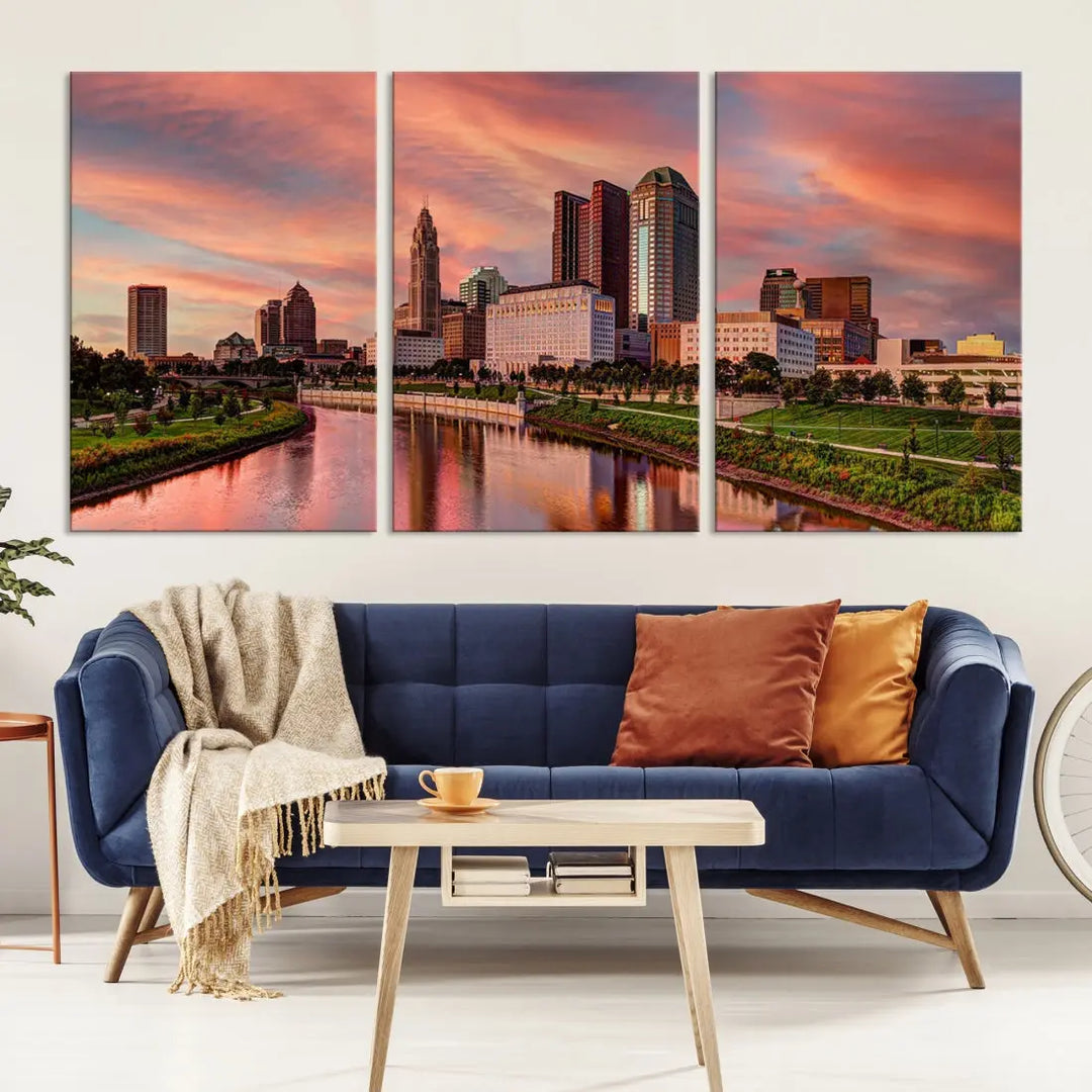 Columbus Downtown Orange Cloudy Sunset Skyline Cityscape Large Wall Art Print