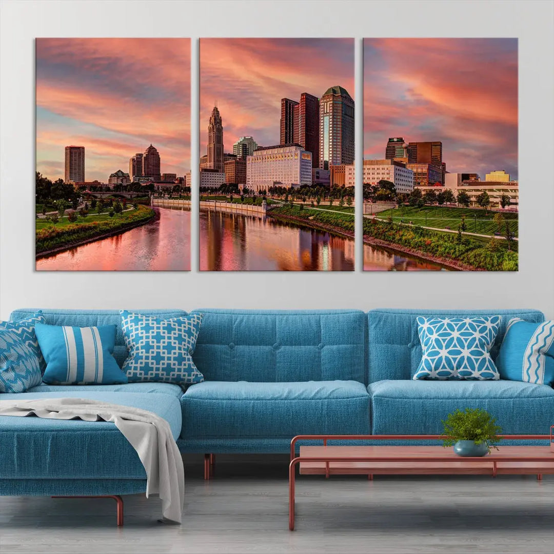 Columbus Downtown Orange Cloudy Sunset Skyline Cityscape Large Wall Art Print