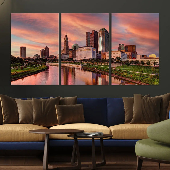 Columbus Downtown Orange Cloudy Sunset Skyline Cityscape Large Wall Art Print