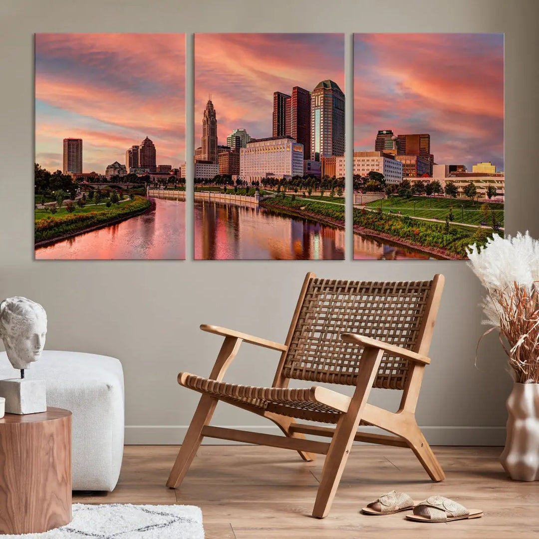 Columbus Downtown Orange Cloudy Sunset Skyline Cityscape Large Wall Art Print