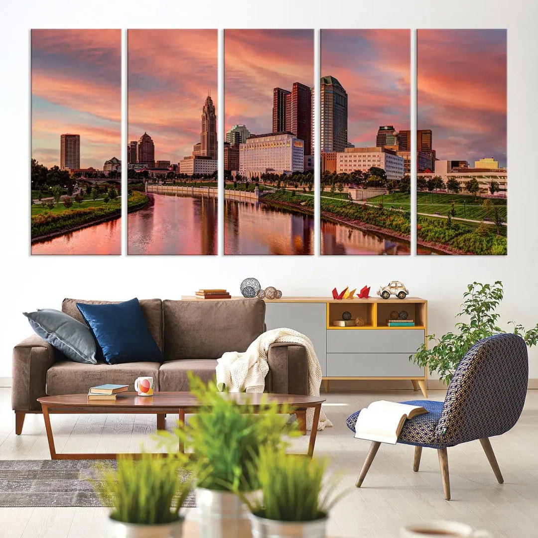 Columbus Downtown Orange Cloudy Sunset Skyline Cityscape Large Wall Art Print