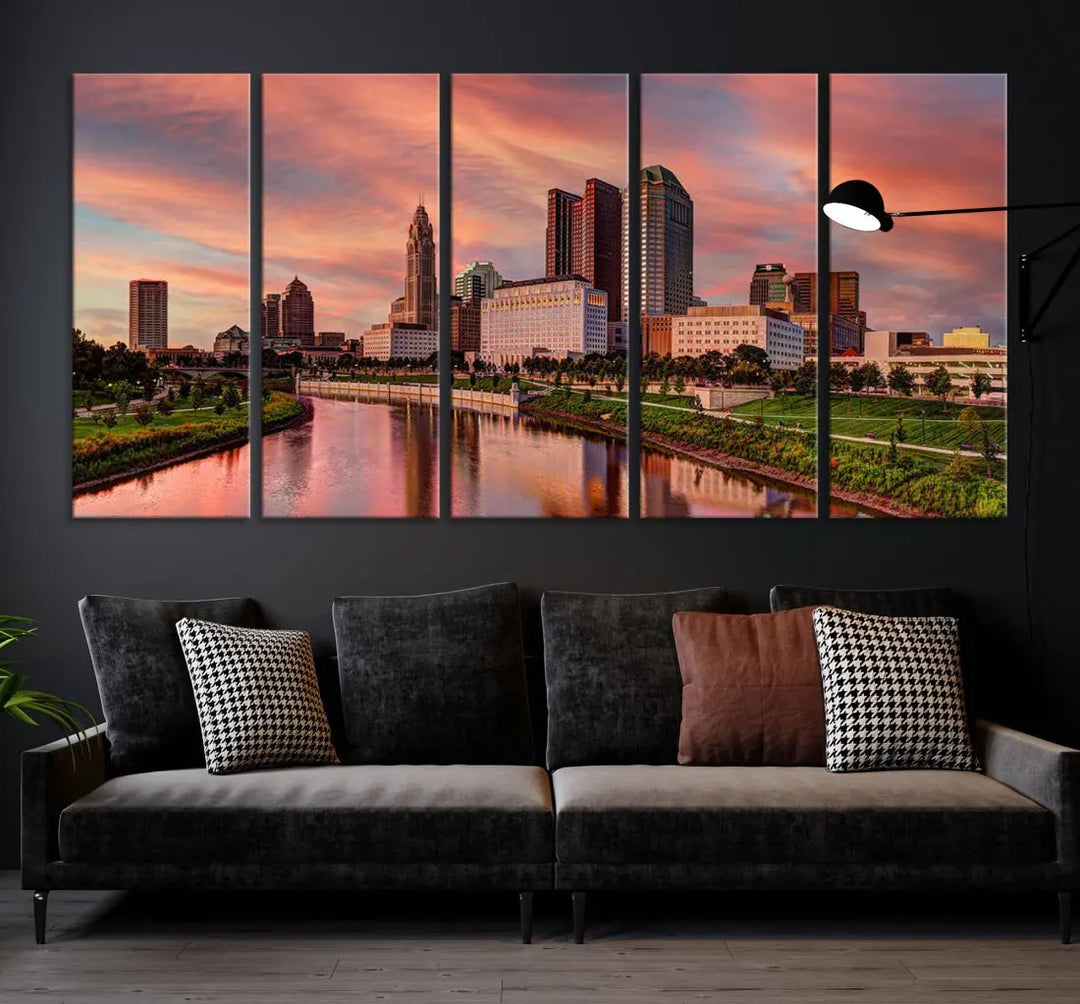 Columbus Downtown Orange Cloudy Sunset Skyline Cityscape Large Wall Art Print