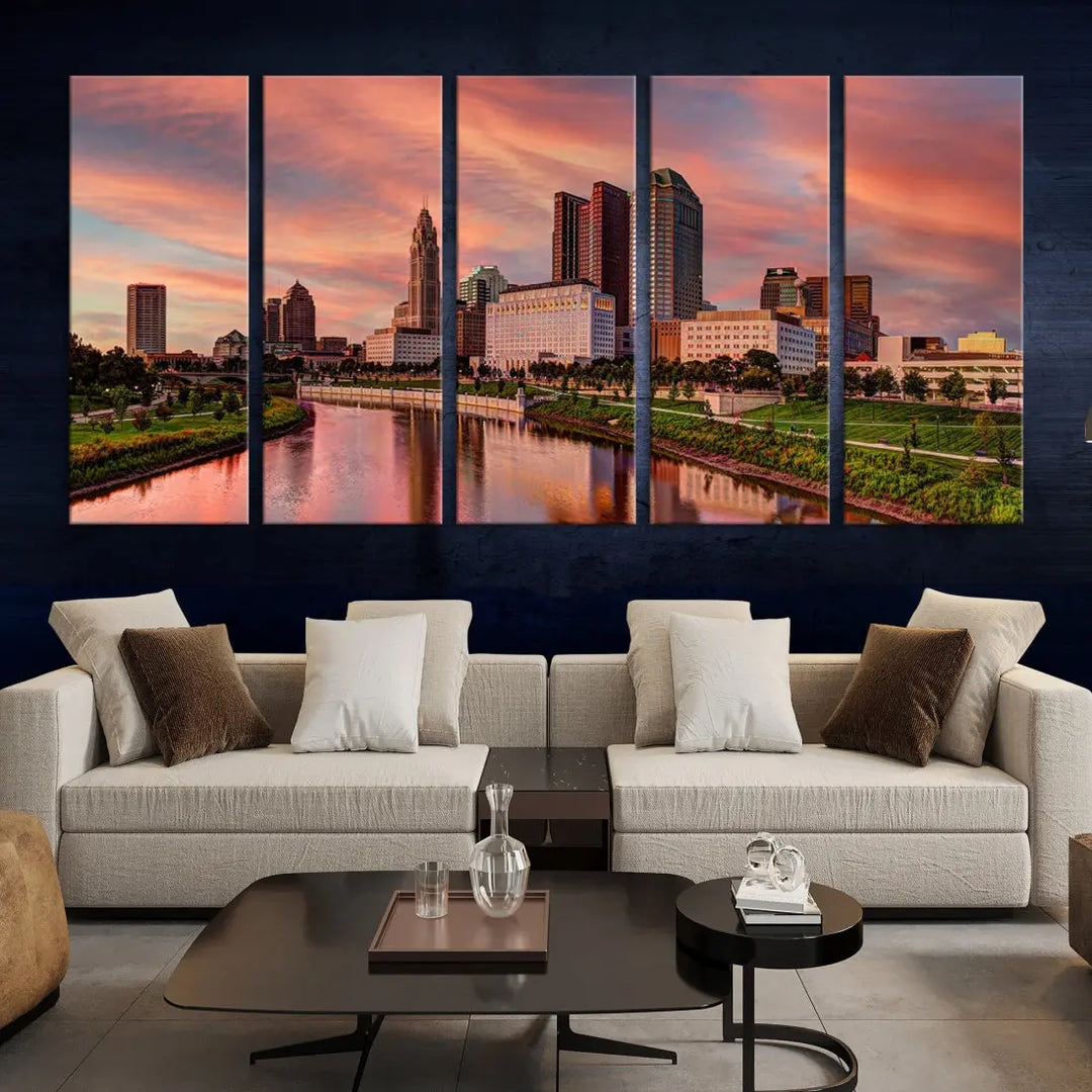 Columbus Downtown Orange Cloudy Sunset Skyline Cityscape Large Wall Art Print