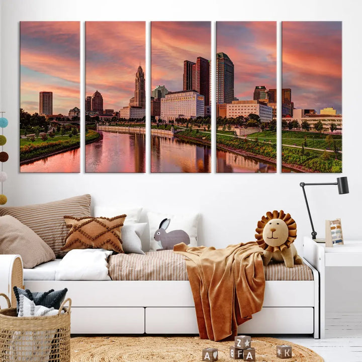 Columbus Downtown Orange Cloudy Sunset Skyline Cityscape Large Wall Art Print