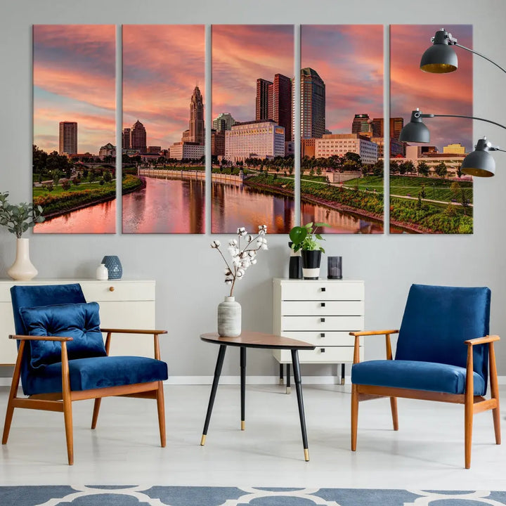 Columbus Downtown Orange Cloudy Sunset Skyline Cityscape Large Wall Art Print