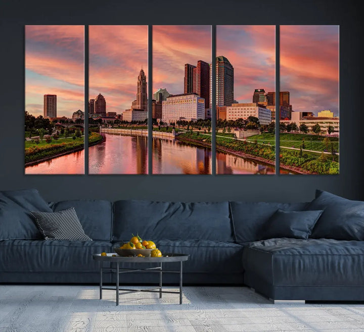 Columbus Downtown Orange Cloudy Sunset Skyline Cityscape Large Wall Art Print