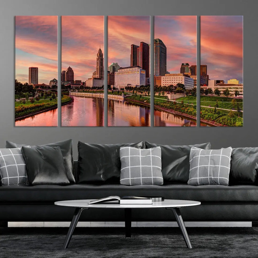 Columbus Downtown Orange Cloudy Sunset Skyline Cityscape Large Wall Art Print